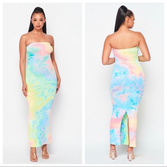J. ELISE BOUTIQUE MULTI COLOR NEON LIGHT PASTEL Tie Dye Tube Top Maxi Dress